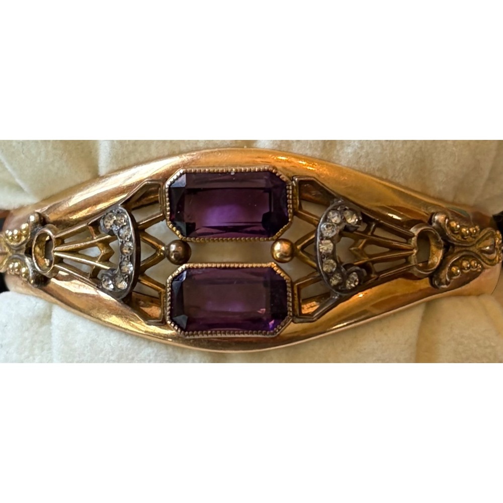 Antique Victorian Amethyst GF Bangle‎ Bracelet Emerald Cut Purple Glass Stones